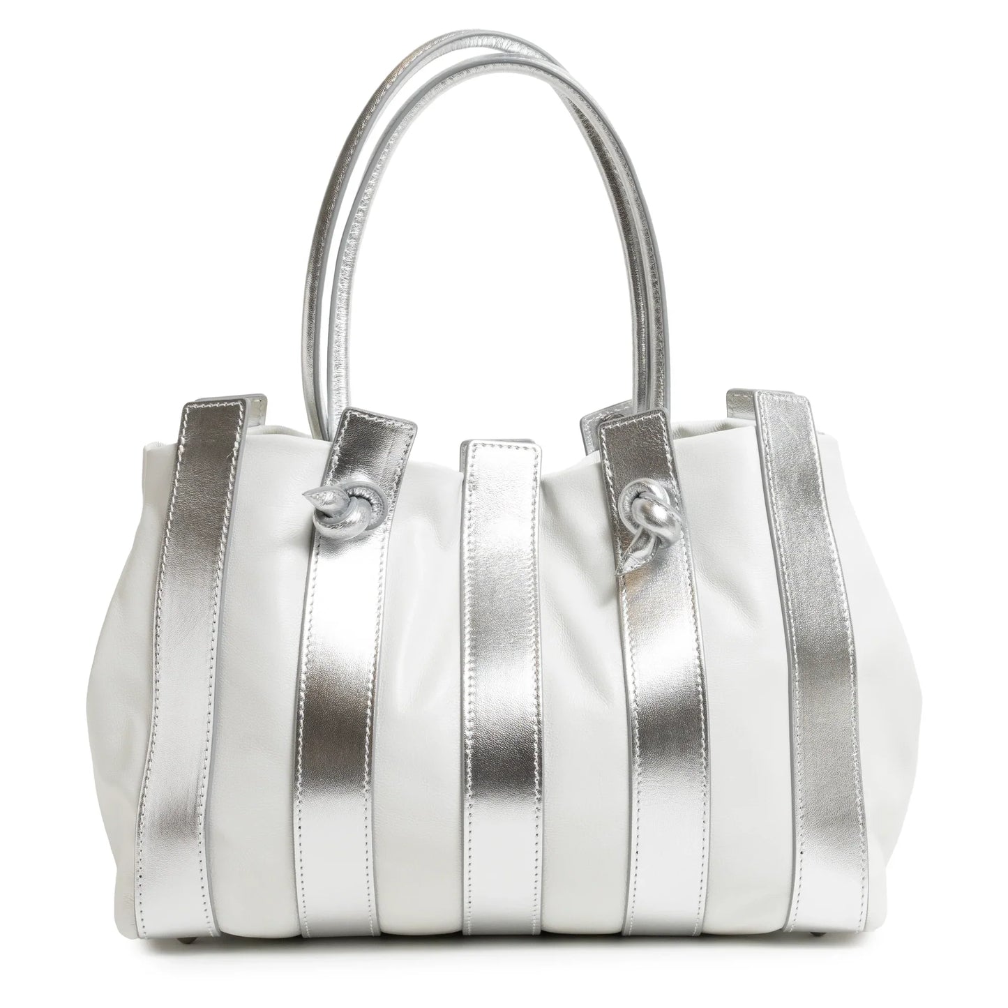 Stripes Large Shopping Bag in White and Silver Nappa Leather