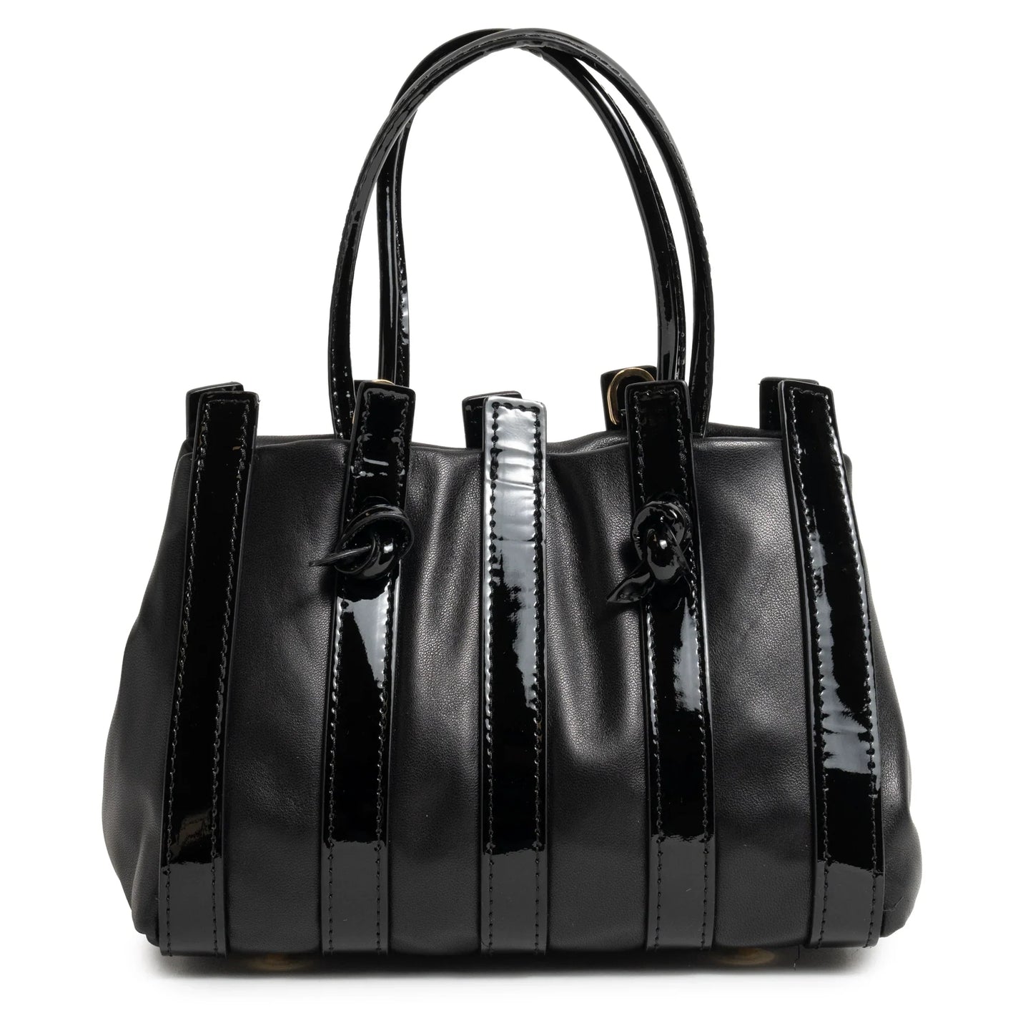 Stripes Mini Shopping Bag in Black Nappa and Patent Leather