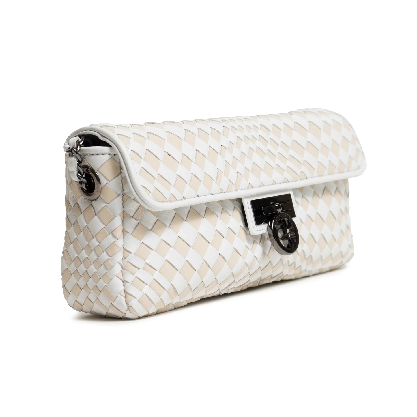 Long Chicca Women Intrecciato Leather Bag in White and Ivory