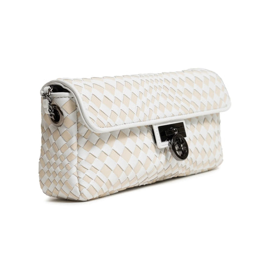 Long Chicca Women Intrecciato Leather Bag in White and Ivory