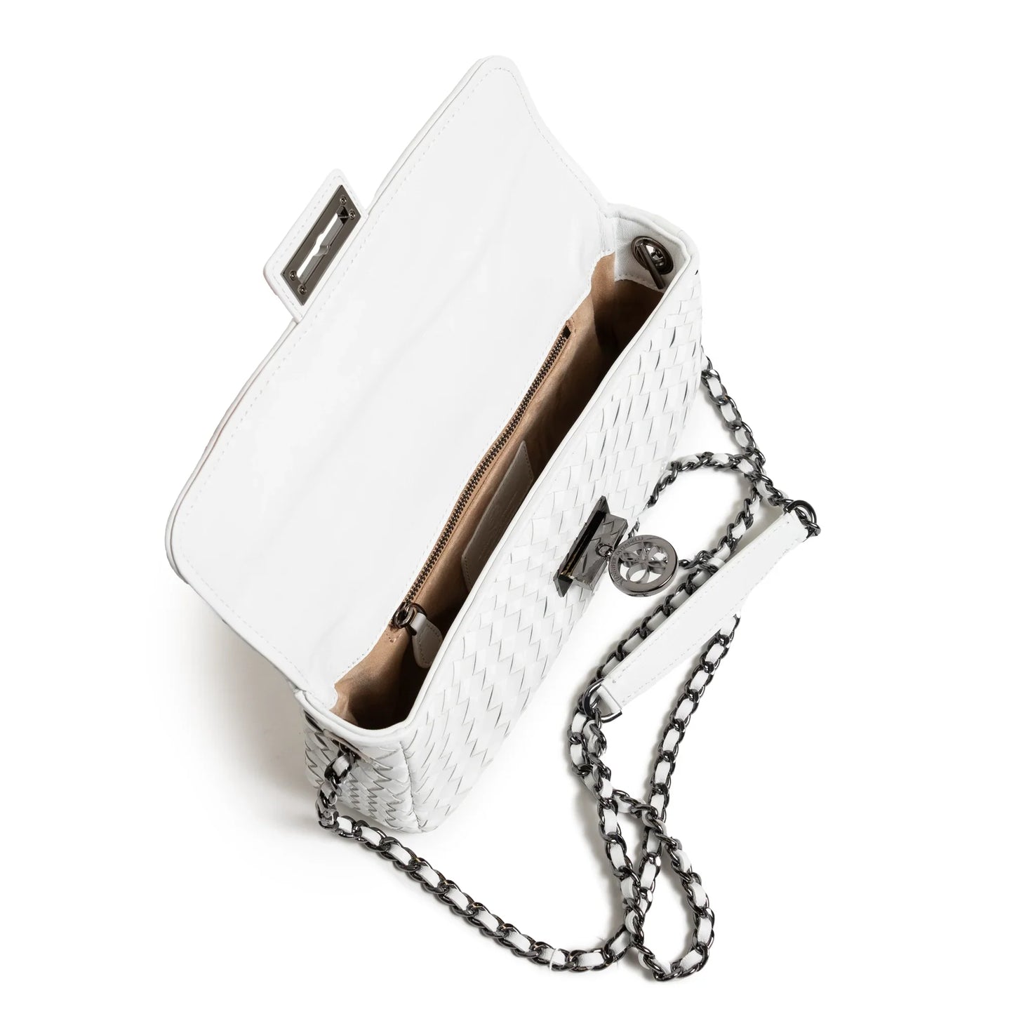 Long Chicca Women Intrecciato Leather Bag in White Nappa and Patent