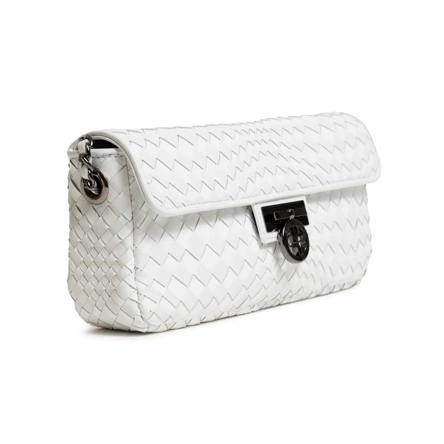 Long Chicca Women Intrecciato Leather Bag in White Nappa and Patent