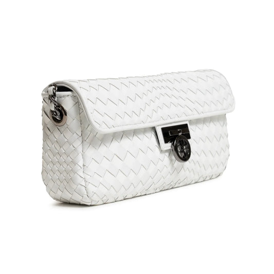 Long Chicca Women Intrecciato Leather Bag in White Nappa and Patent