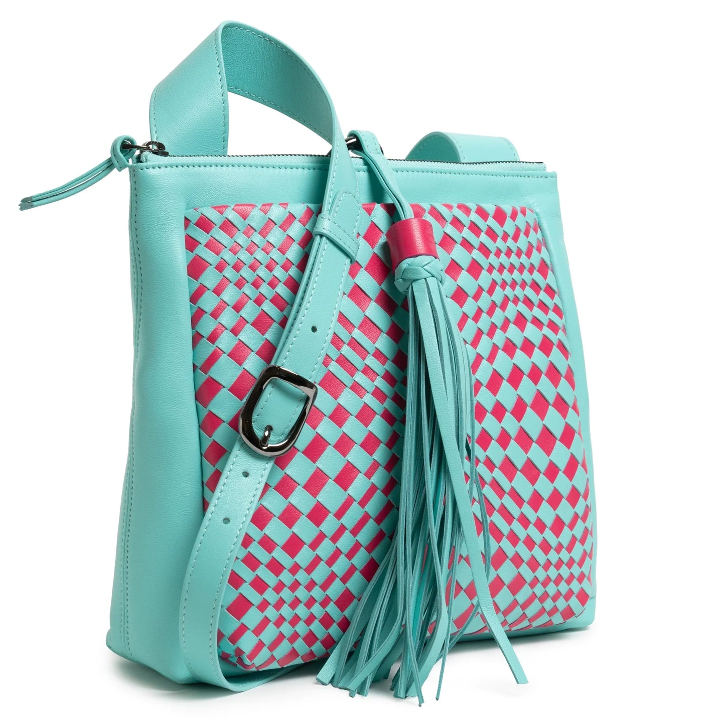 Women's Leather Crossbody Bag Intreccio Optical in Twinkletif and Fucsia