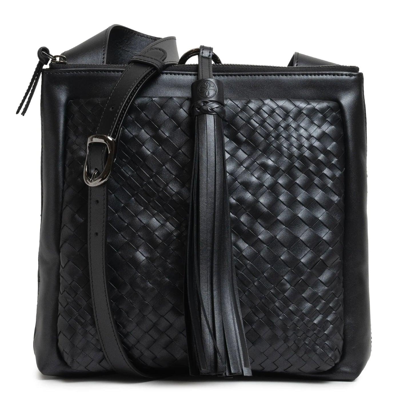 Women's Leather Crossbody Bag Intreccio Optical in Softy Perlato Black