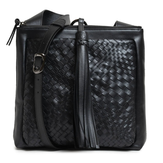Women's Leather Crossbody Bag Intreccio Optical in Softy Perlato Black
