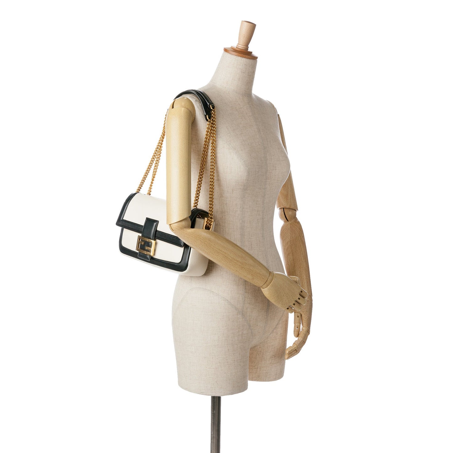 Fendi Bicolor Leather Chain Baguette White