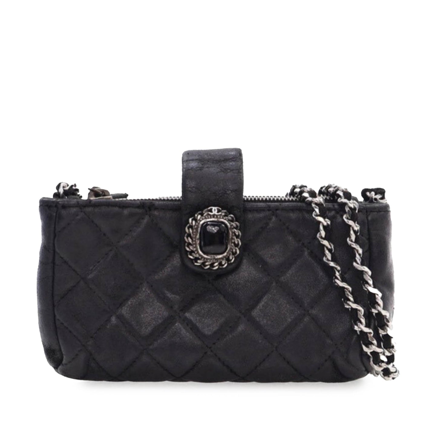 Chanel Mini Quilted Lambskin Beaded Phone Holder With Chain Black