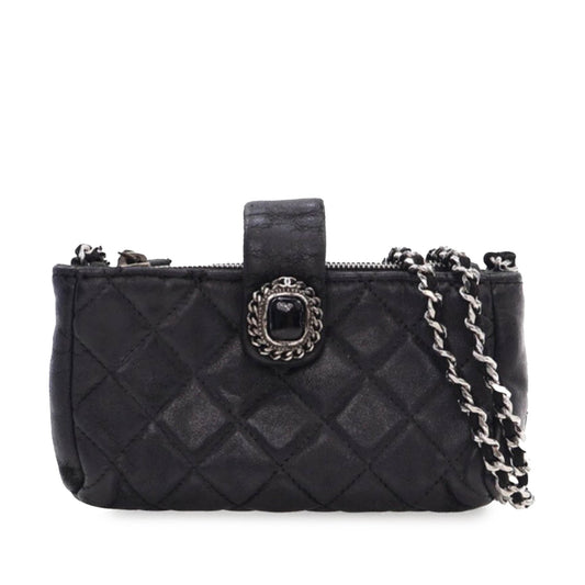 Chanel Mini Quilted Lambskin Beaded Phone Holder With Chain Black