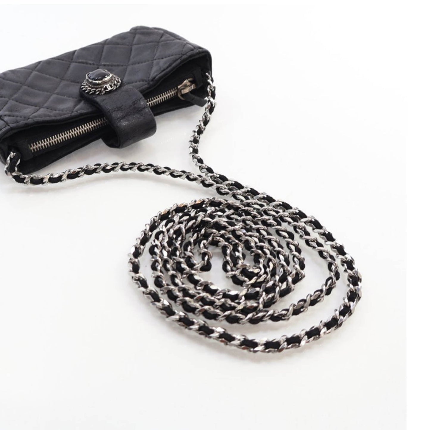 Chanel Mini Quilted Lambskin Beaded Phone Holder With Chain Black