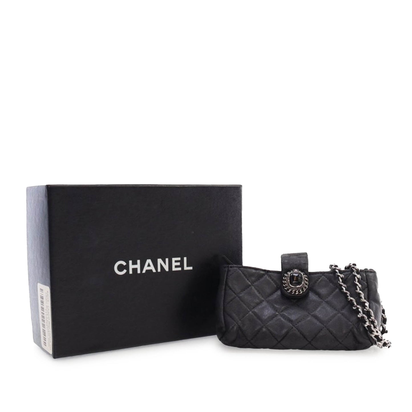 Chanel Mini Quilted Lambskin Beaded Phone Holder With Chain Black