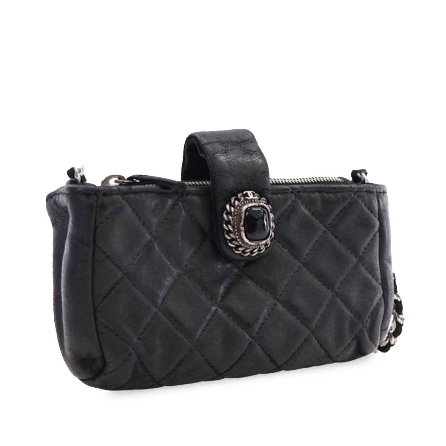 Chanel Mini Quilted Lambskin Beaded Phone Holder With Chain Black