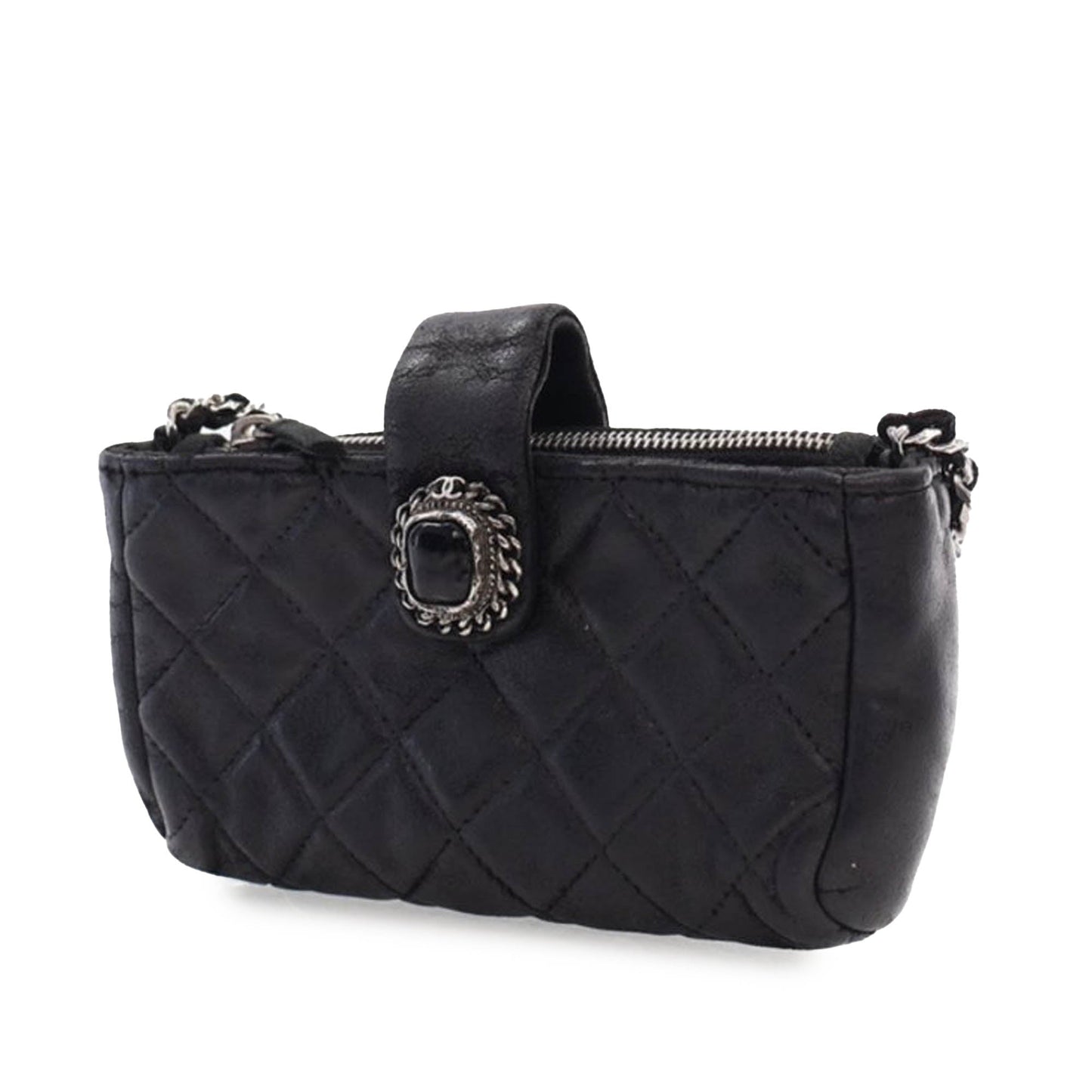 Chanel Mini Quilted Lambskin Beaded Phone Holder With Chain Black