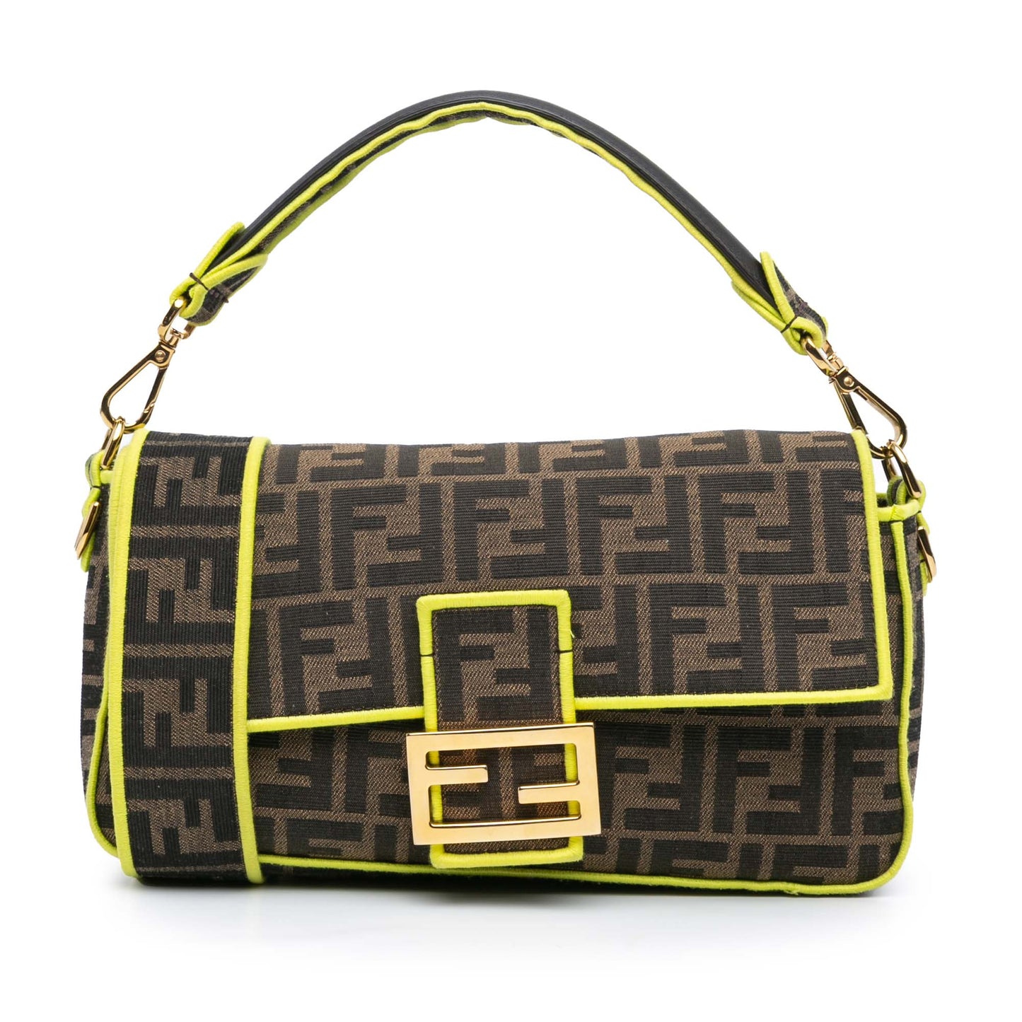 Fendi Medium Zucca Canvas Fluo Trim Baguette Satchel Brown
