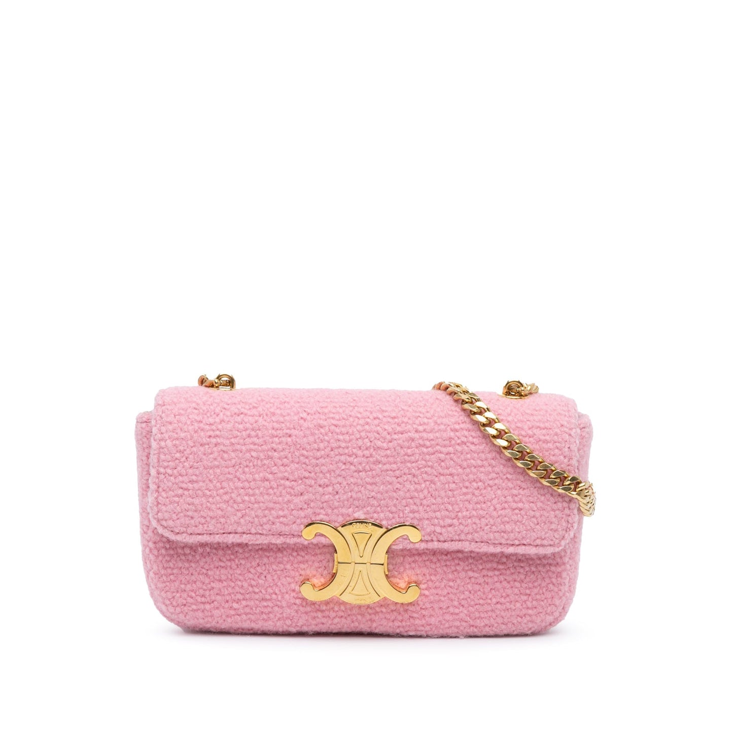 Celine Triomphe Tweed Claude Chain Shoulder Bag Pink
