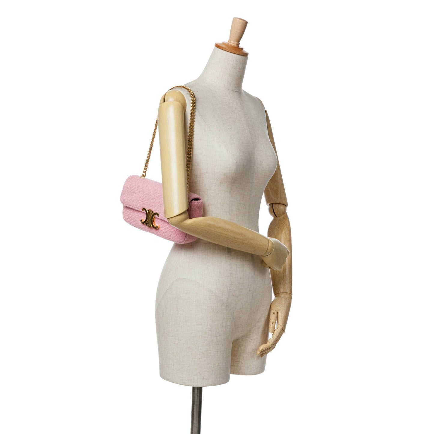 Celine Triomphe Tweed Claude Chain Shoulder Bag Pink