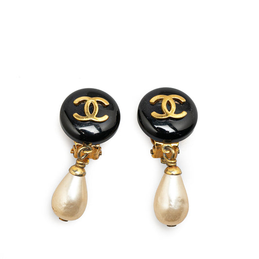 Chanel Gold Plated CC Faux Pearl Swing Clip On Earrings Gold