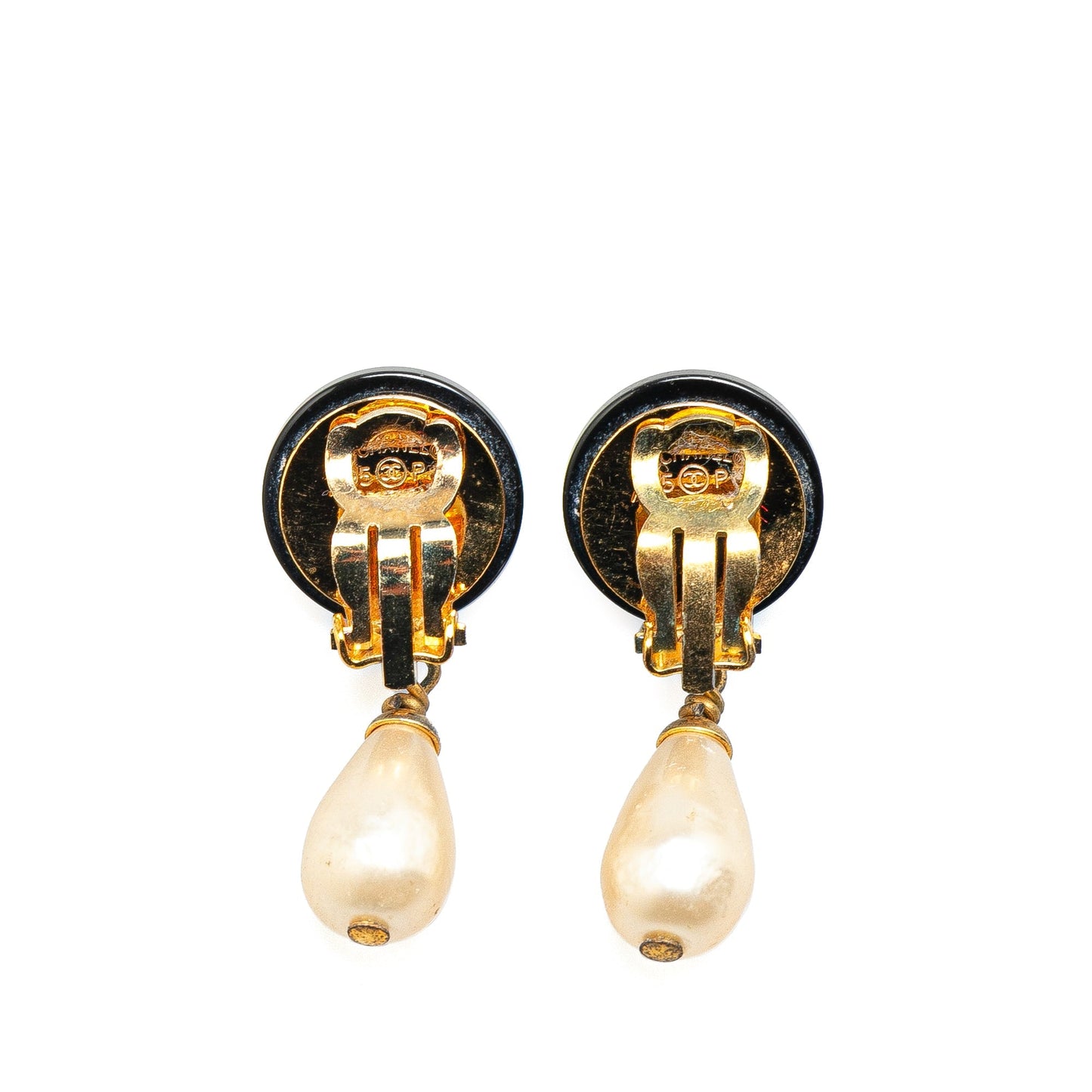 Chanel Gold Plated CC Faux Pearl Swing Clip On Earrings Gold