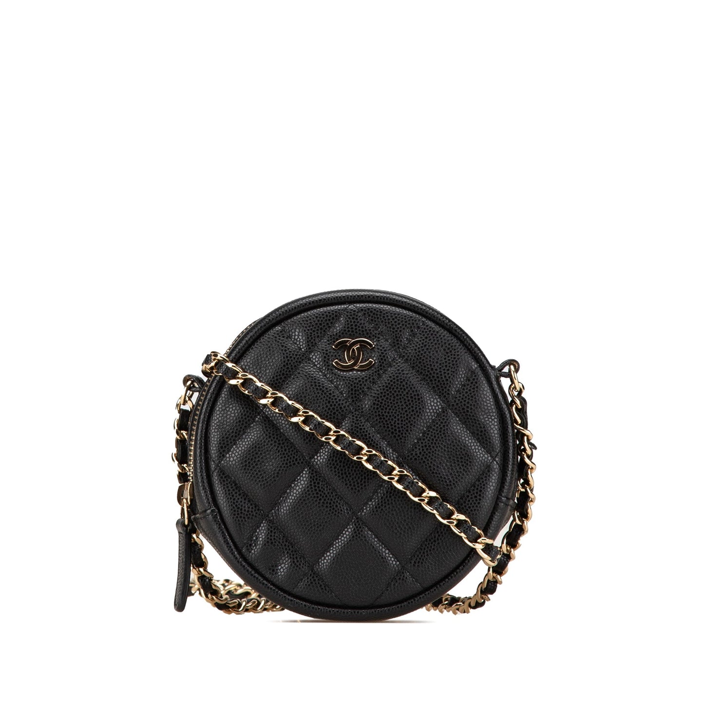 Chanel CC Quilted Caviar Round Clutch With Chain Black
