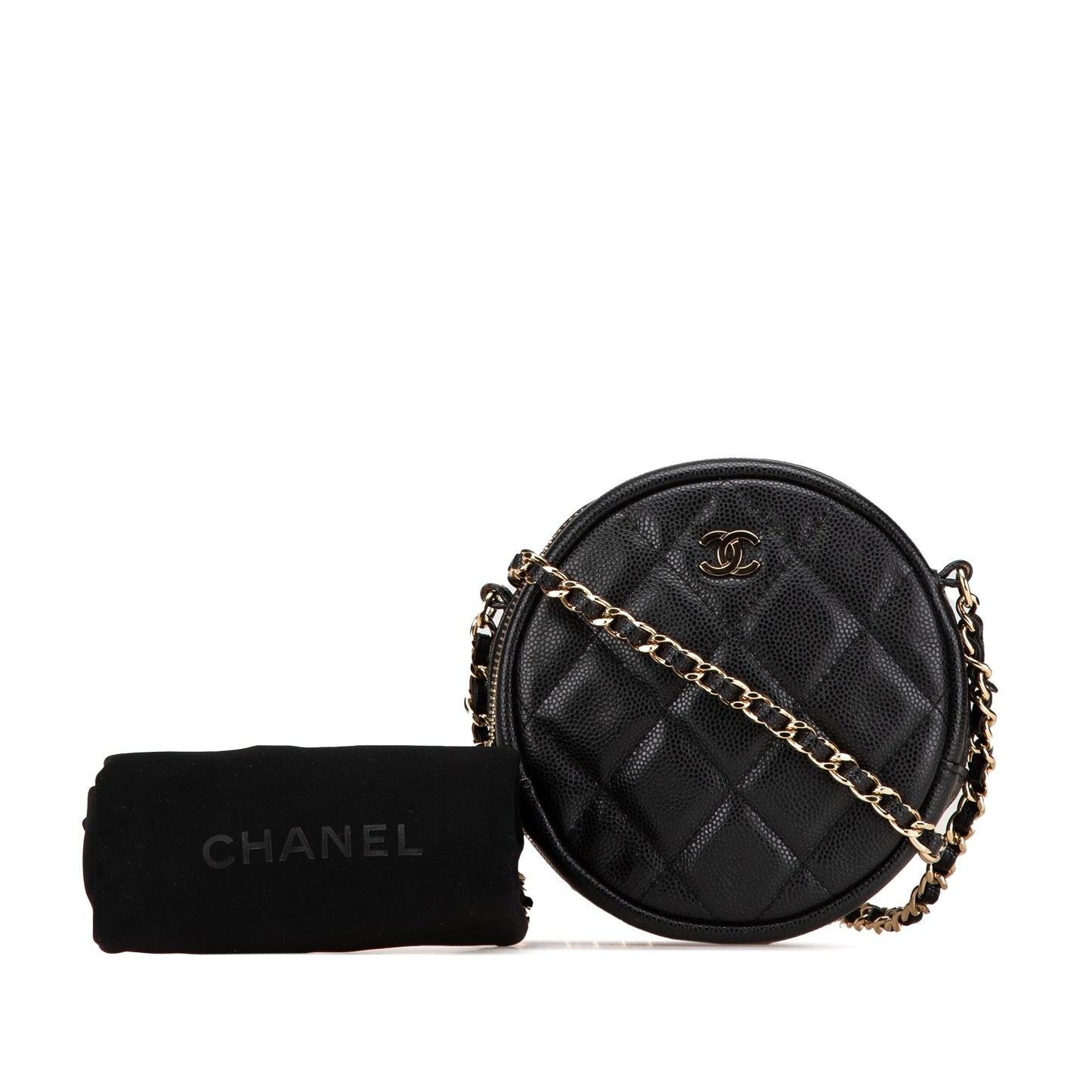 Chanel CC Quilted Caviar Round Clutch With Chain Black