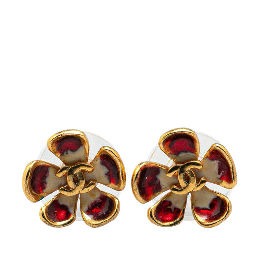 Chanel Gold Plated Enamel CC Flower Push Back Earrings Red