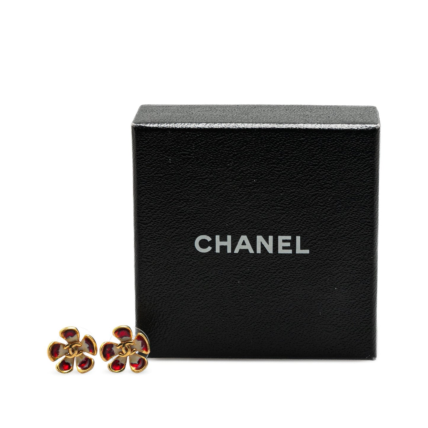 Chanel Gold Plated Enamel CC Flower Push Back Earrings Red