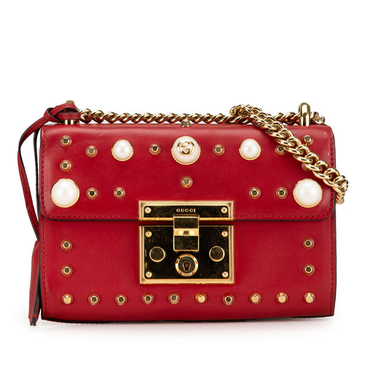 Gucci Small Pearl Studded Leather Padlock Crossbody Red
