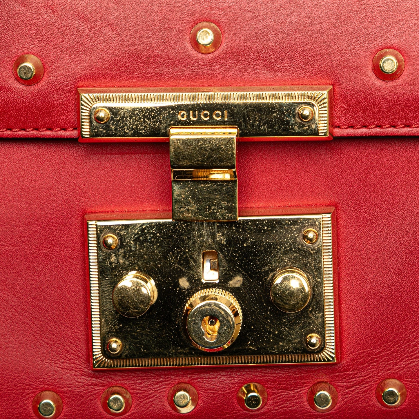 Gucci Small Pearl Studded Leather Padlock Crossbody Red