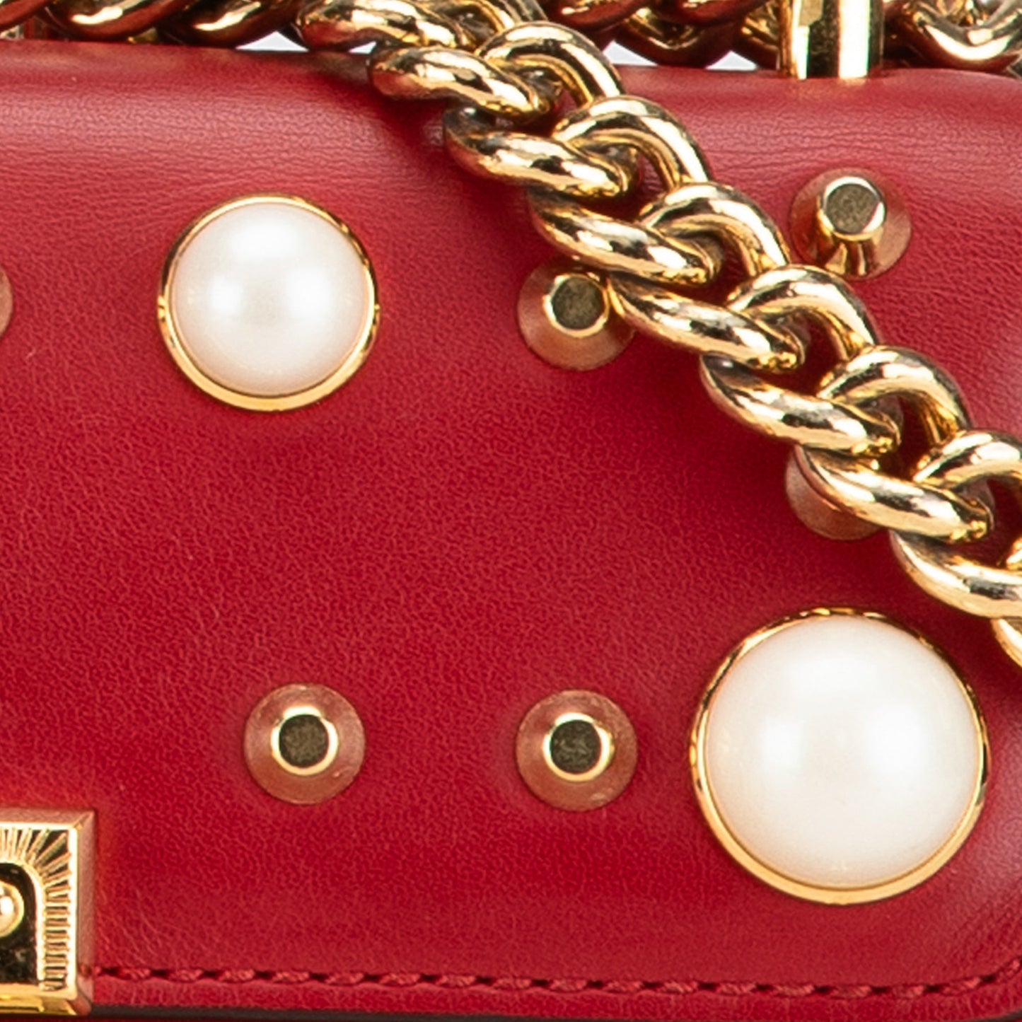 Gucci Small Pearl Studded Leather Padlock Crossbody Red