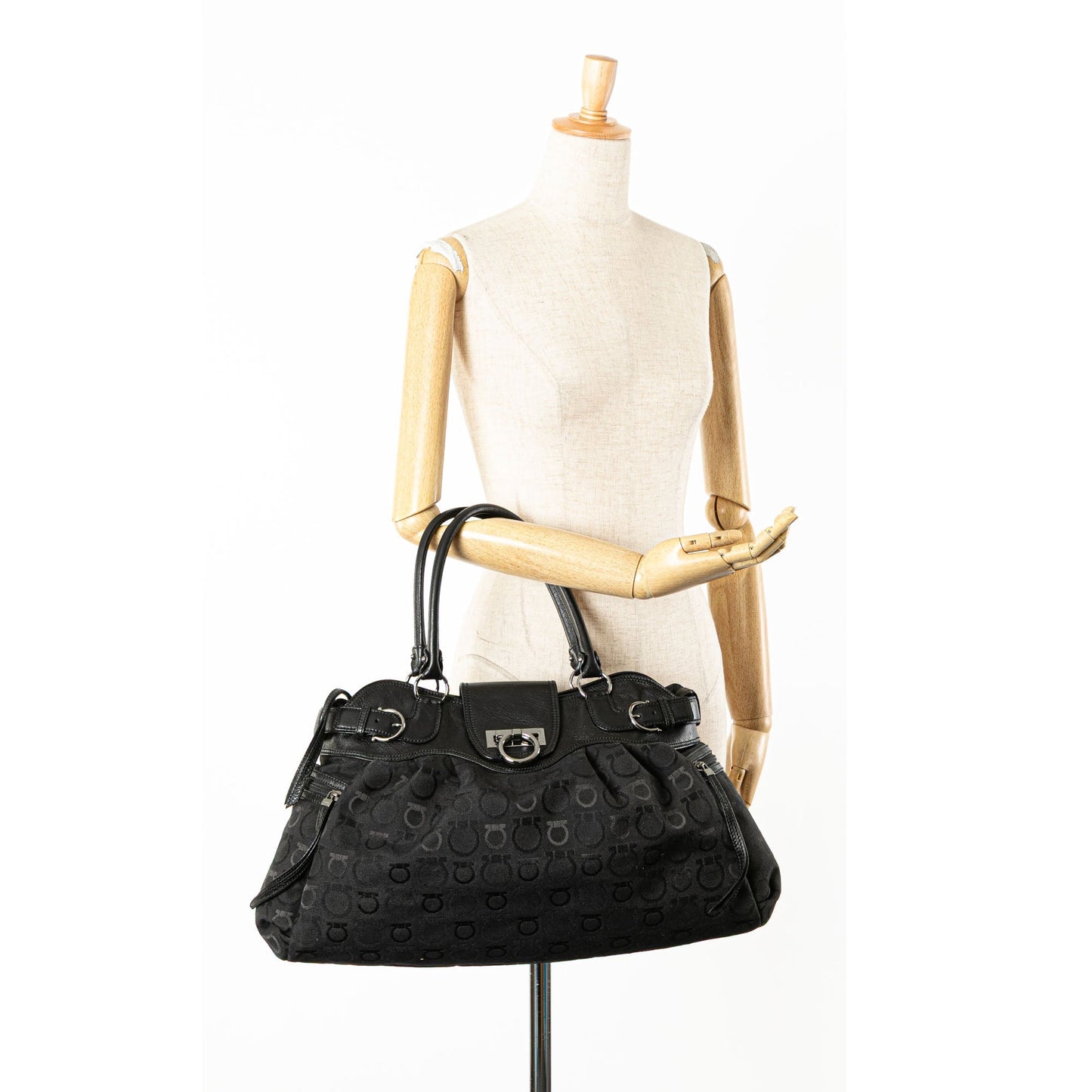 Ferragamo Canvas Gancini Marisa Handbag Black