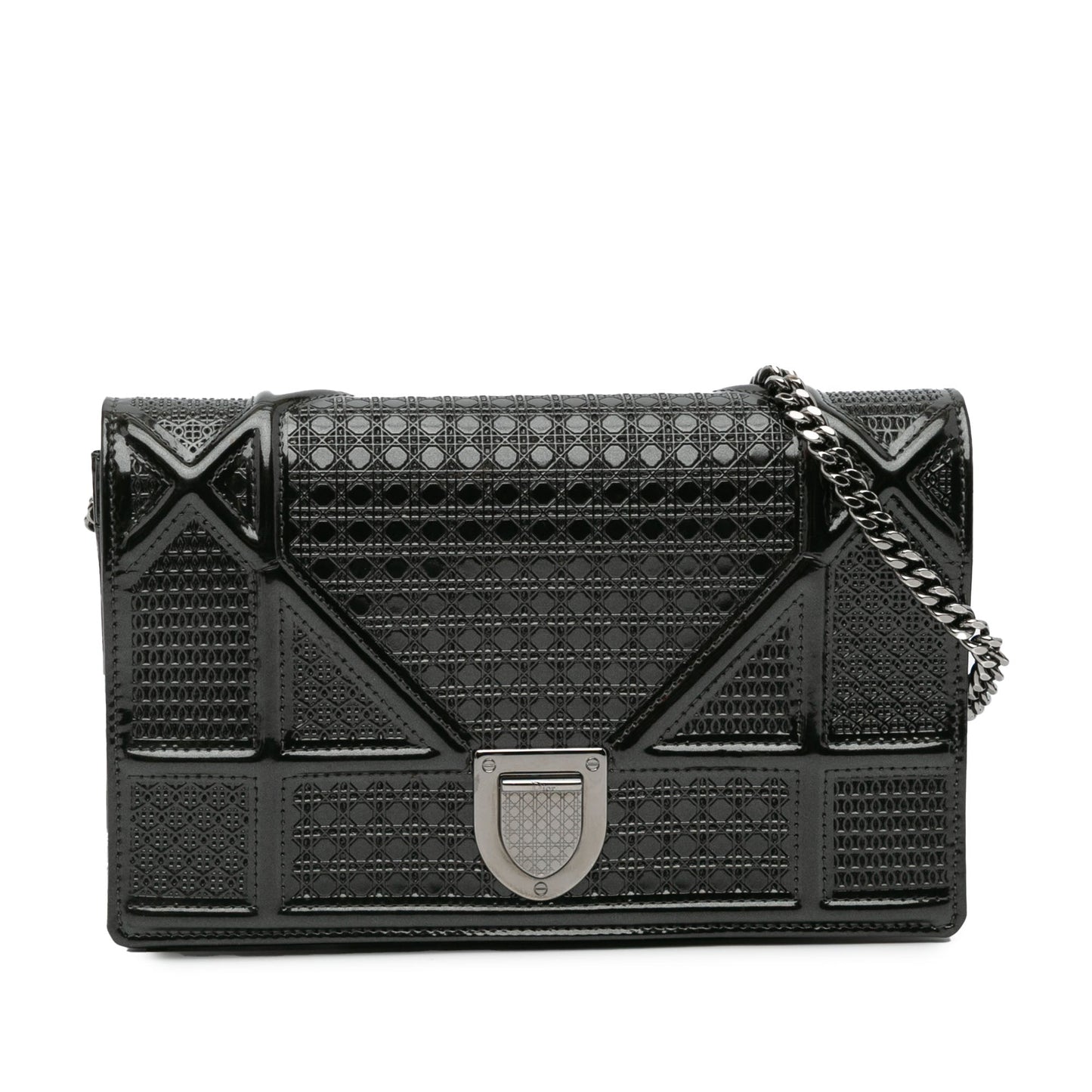 Dior Metallic Patent Microcannage Diorama Wallet on Chain Black