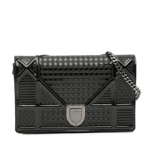 Dior Metallic Patent Microcannage Diorama Wallet on Chain Black