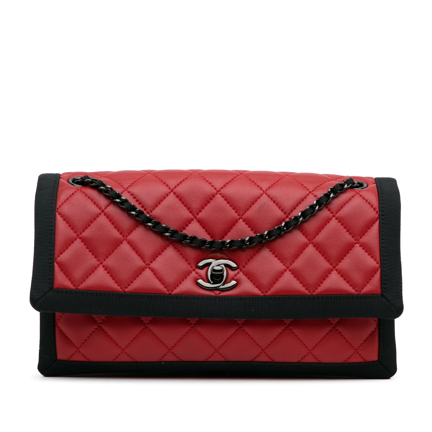 Chanel CC Grossgrain trim Lambskin Flap Shoulder Bag Red