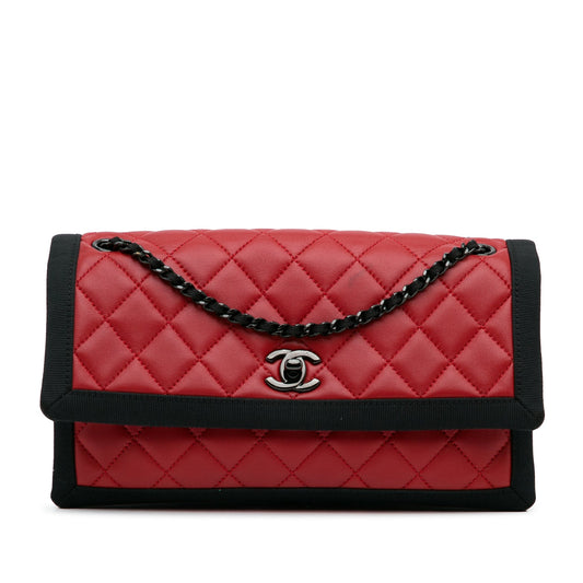Chanel CC Grossgrain trim Lambskin Flap Shoulder Bag Red