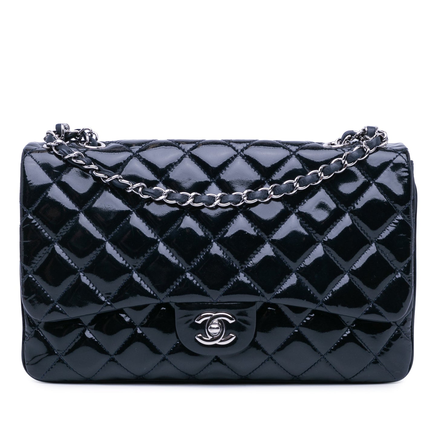 Chanel Jumbo Patent 3 Accordion Flap Blue