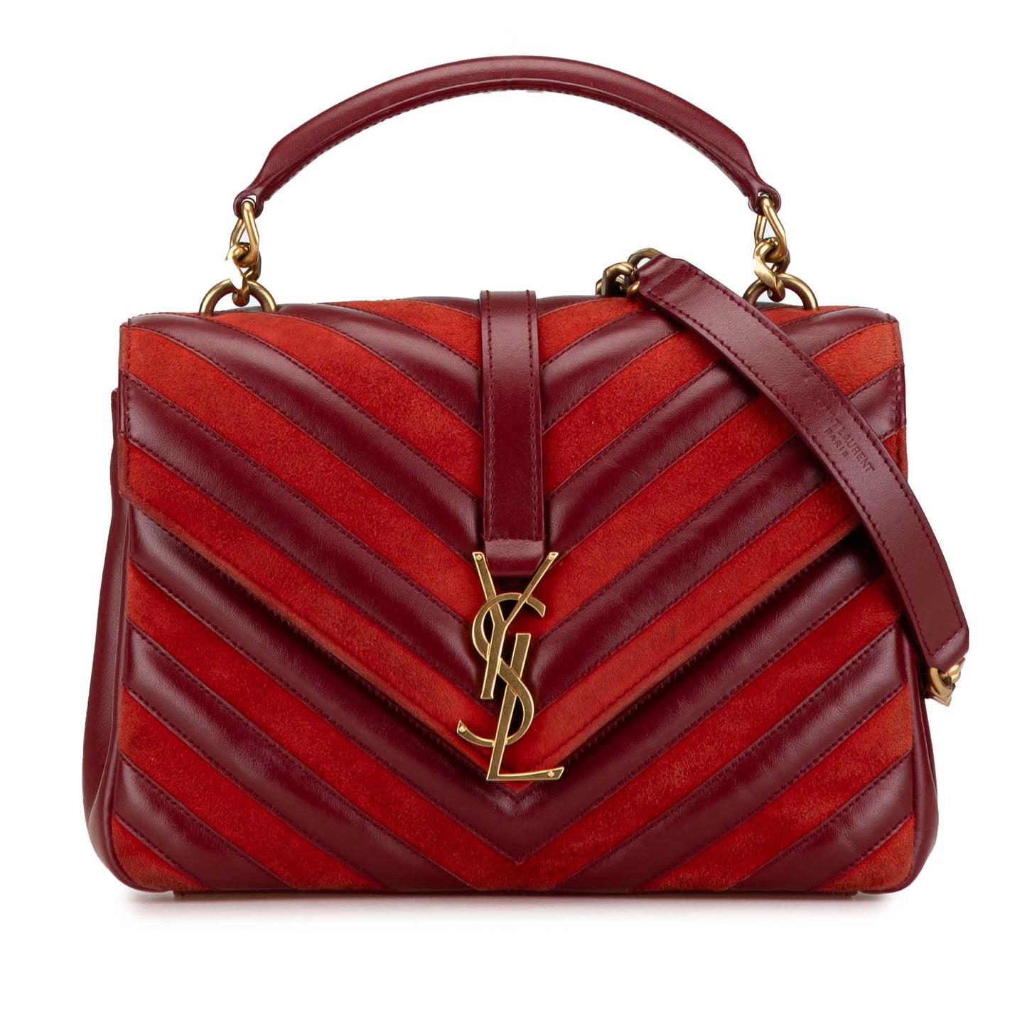 Saint Laurent Medium Calfskin and Suede Chevron Monogram College Satchel Red