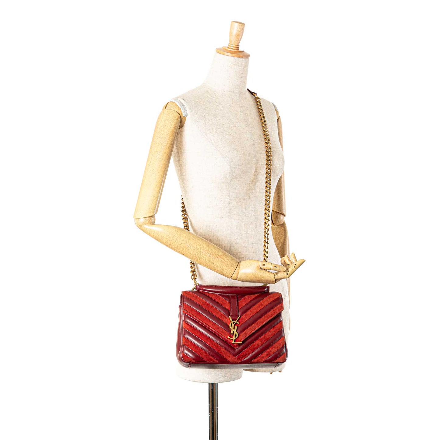 Saint Laurent Medium Calfskin and Suede Chevron Monogram College Satchel Red