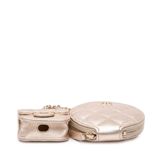 Chanel Metallic Lambskin Round Coin Purse and AirPods Case Gold