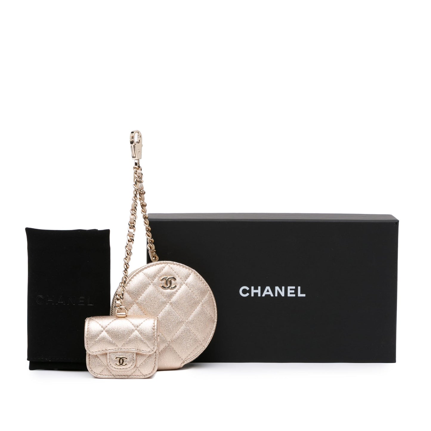 Chanel Metallic Lambskin Round Coin Purse and AirPods Case Gold