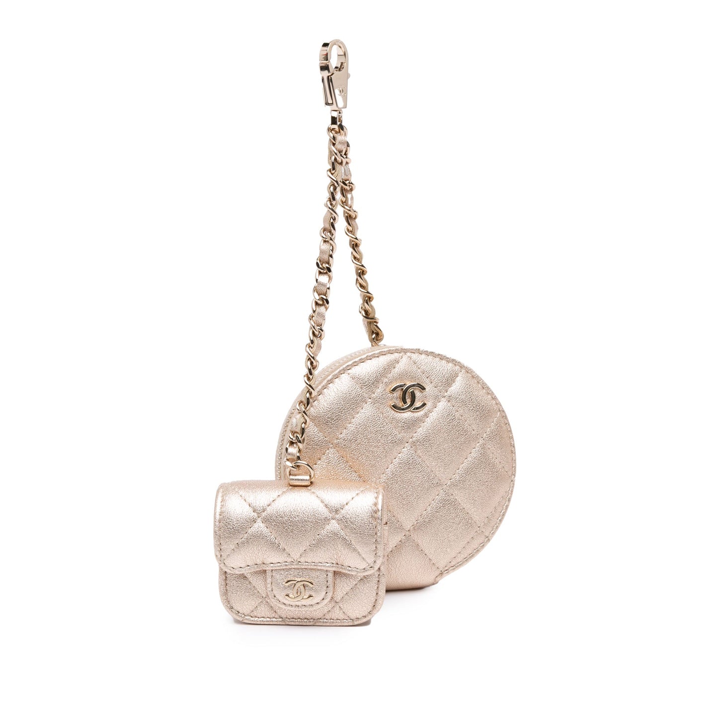 Chanel Metallic Lambskin Round Coin Purse and AirPods Case Gold