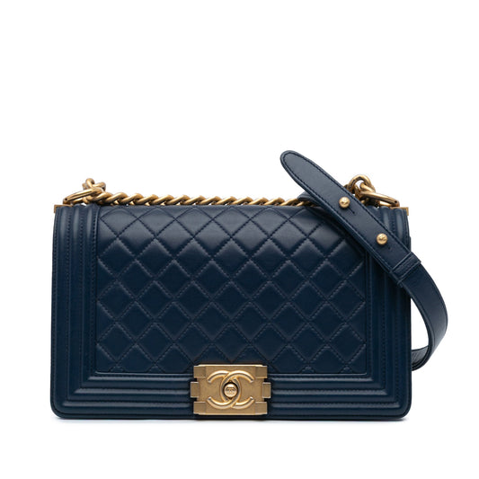 Chanel Old Medium Quilted Lambskin Boy Flap Blue