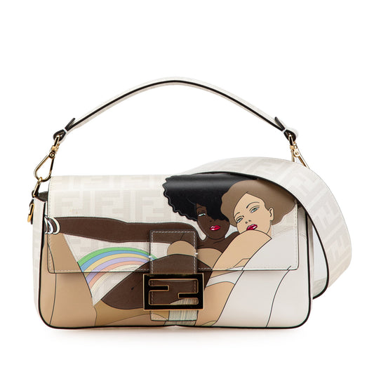 Fendi Zucca Graphic Print Coated Canvas Bikini Girls Baguette Satchel White