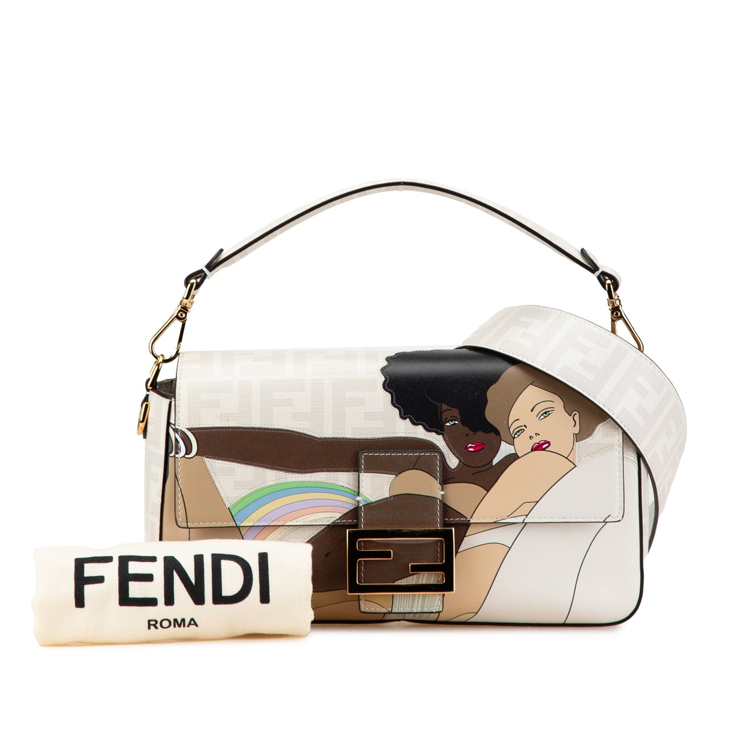 Fendi Zucca Graphic Print Coated Canvas Bikini Girls Baguette Satchel White