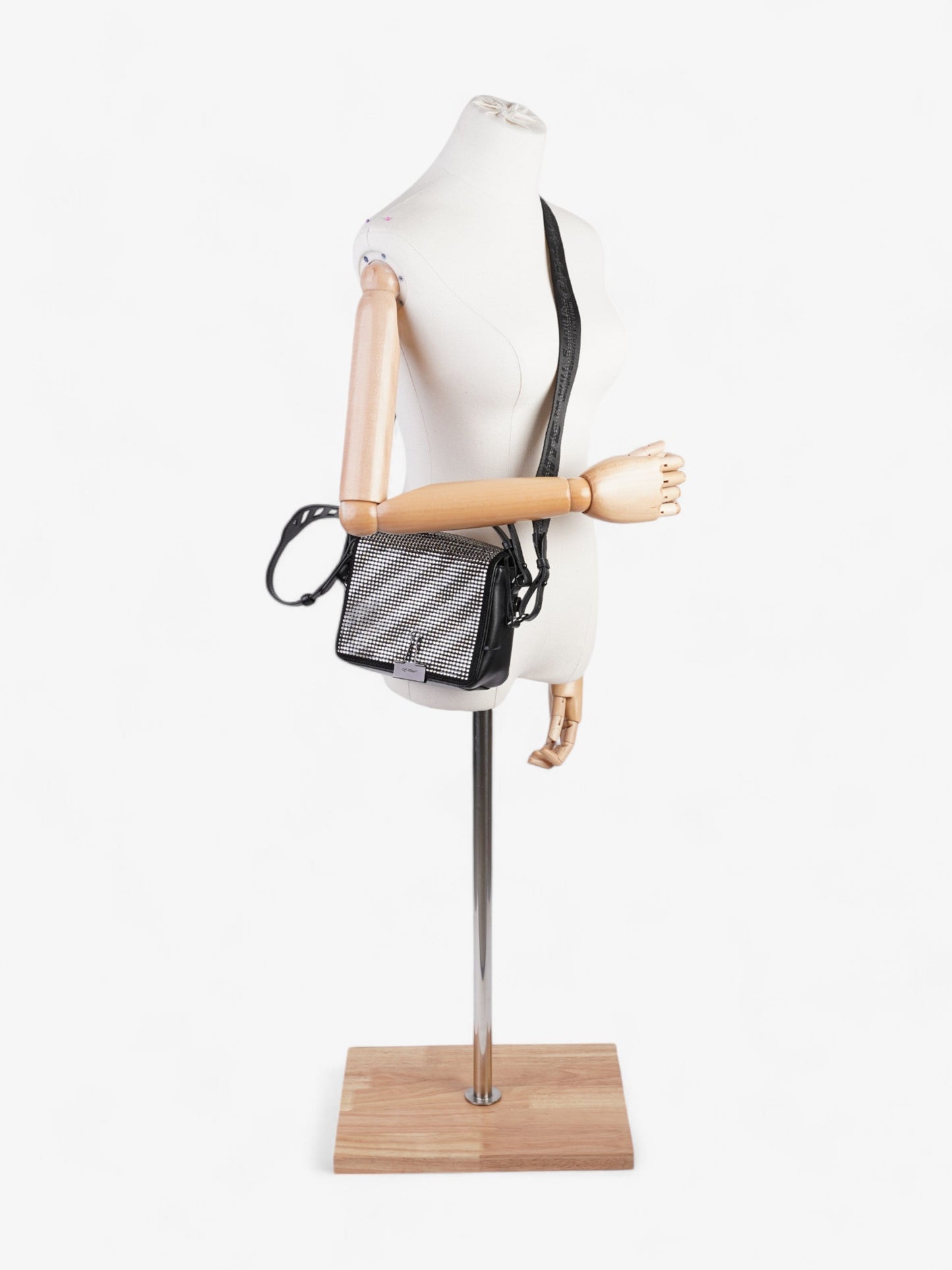 Off White Crystal Binder Clip Black Leather