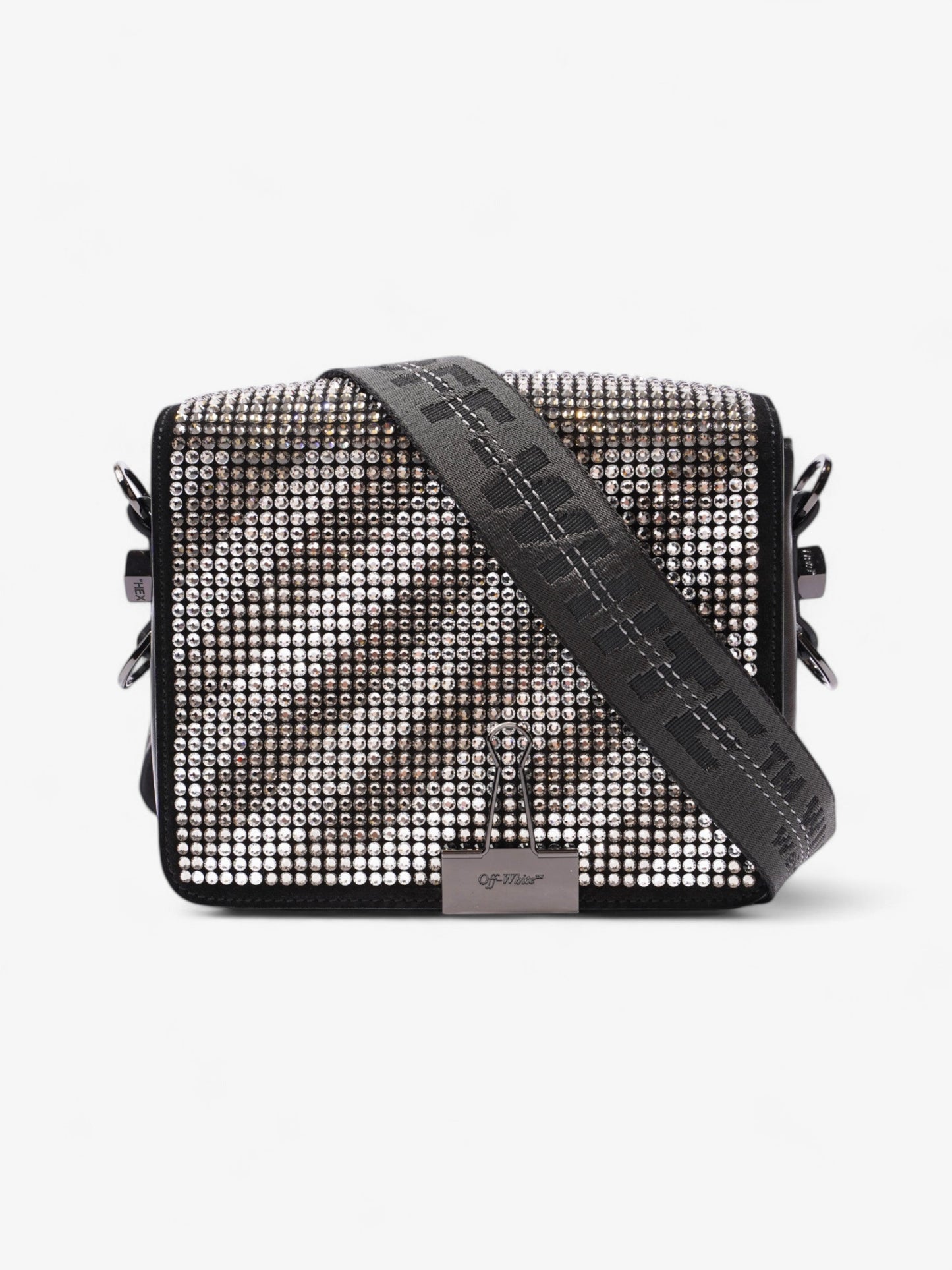 Off White Crystal Binder Clip Black Leather