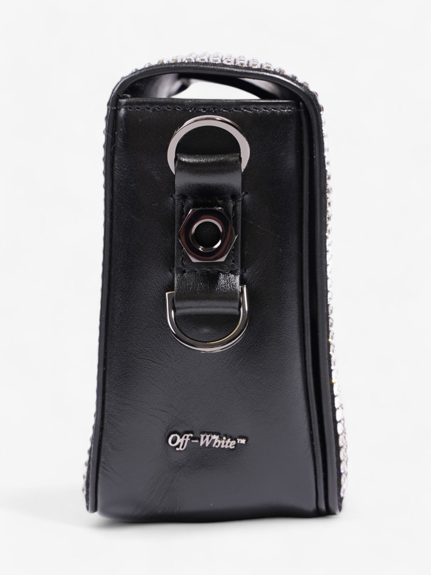 Off White Crystal Binder Clip Black Leather