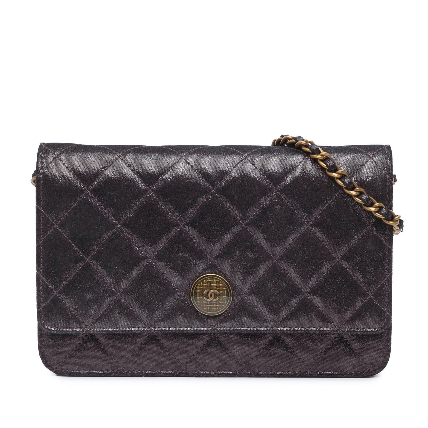 Chanel Metiers dâ€™Art Quilted Iridescent Lambskin Tartan Button Wallet On Chain Brown