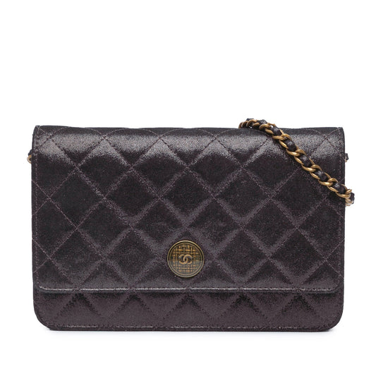 Chanel Metiers dâ€™Art Quilted Iridescent Lambskin Tartan Button Wallet On Chain Brown