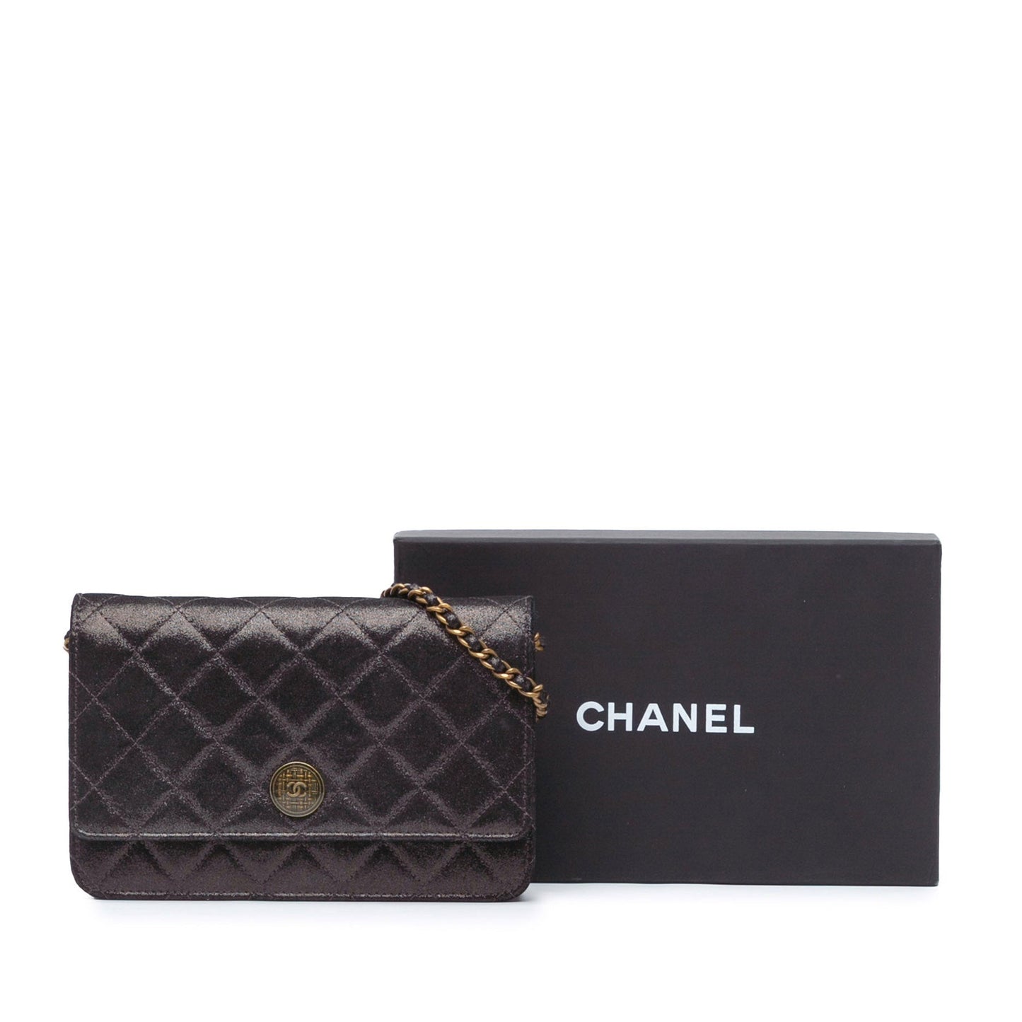 Chanel Metiers dâ€™Art Quilted Iridescent Lambskin Tartan Button Wallet On Chain Brown