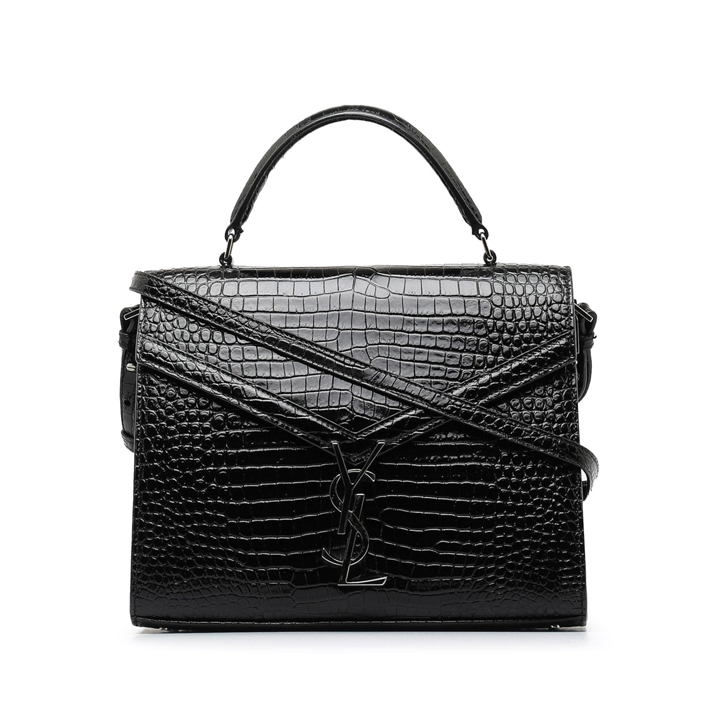 Saint Laurent Medium Crocodile Embossed Cassandra Top Handle Bag Black